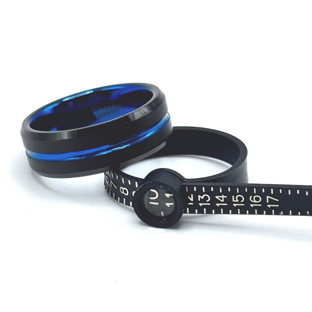 Tungsten Carbide Black Blue Grooved Wedding Band I Love You Engraved Size 10.5